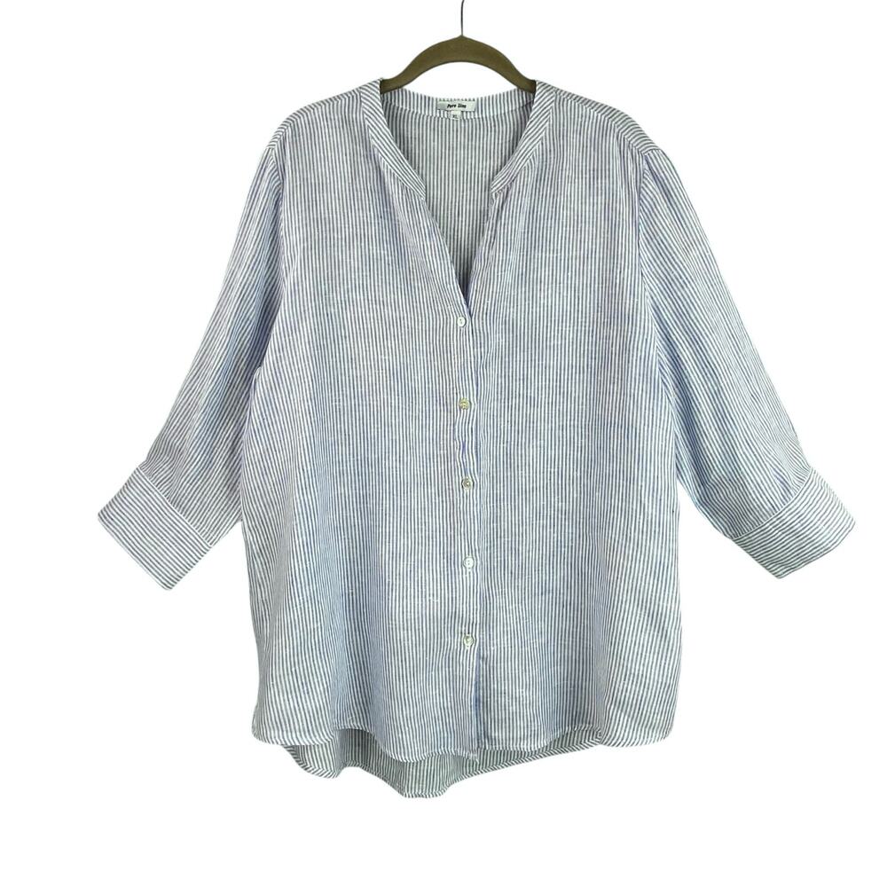 Pure Lino 100% Linen Stripped Blouse Size XL Blue White Beach Resort Cruise